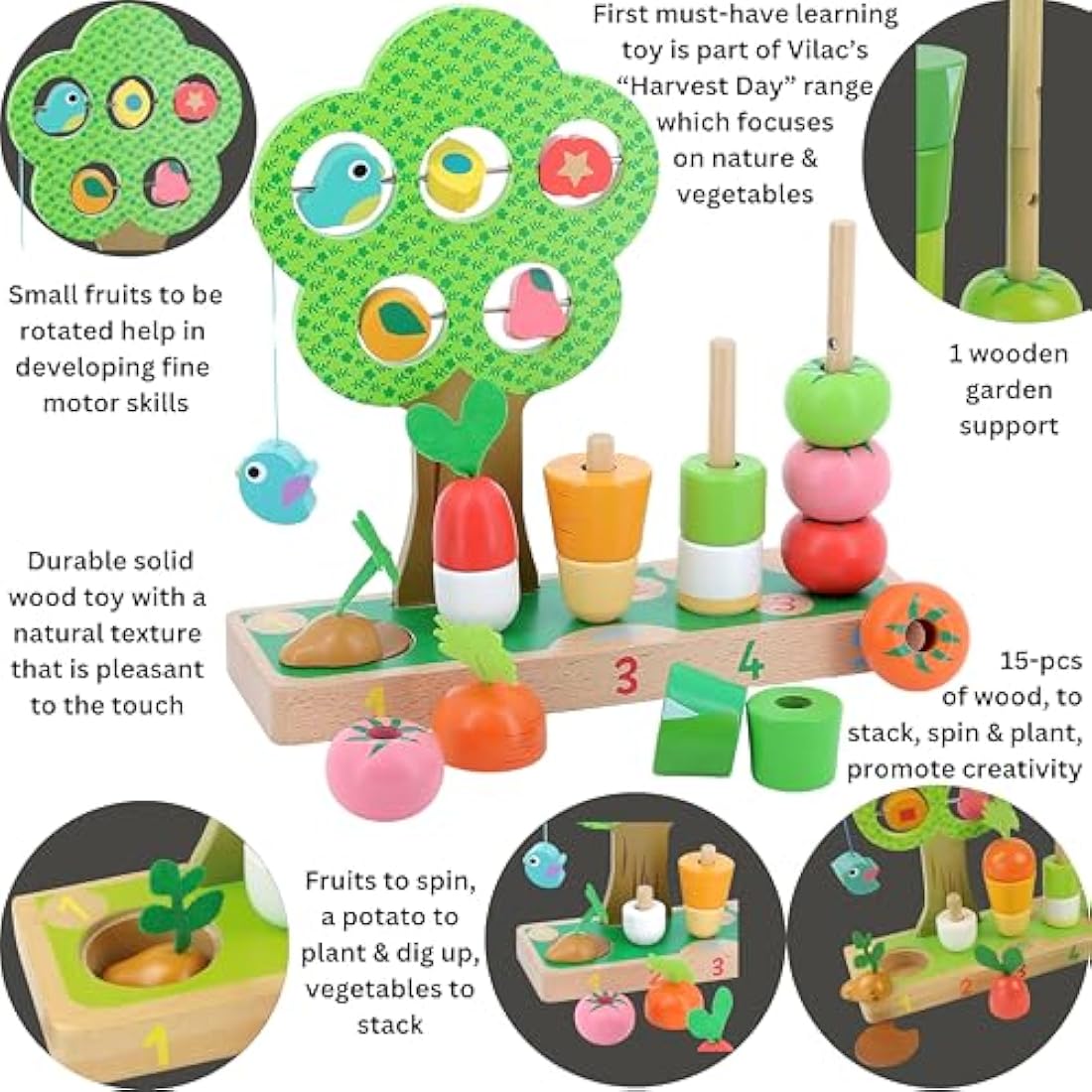 Vilac - 2469 -Wooden Toy I Learn To Count Vegetables Multi-color, Nature, Plant, Bird, Vegetable, Fruit Theme