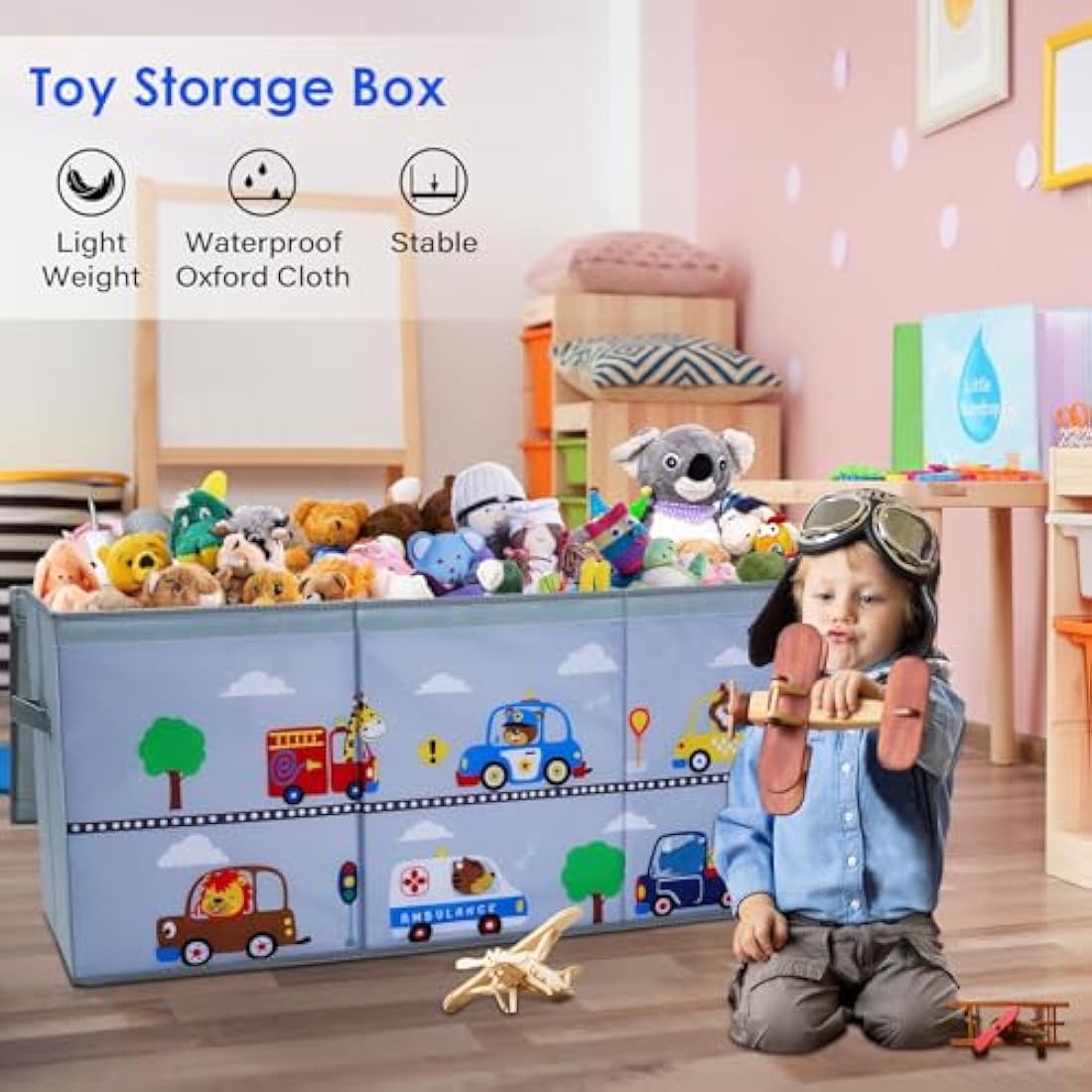 Decalsweet Extra Large Kids Toy Storage Box with Lid,Foldable Oxford Toy Storage Organizer Box for Boys-96×32×40cm-Toy Chest with Handles for Bedroom Nursery,Animal Car