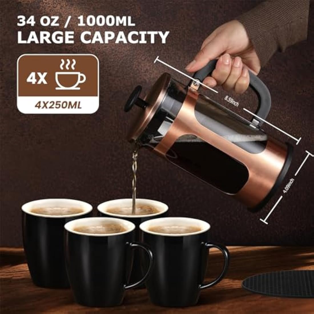KOOYAT Cafetiere French Press Coffee Maker with Capacity of 1000ml / 6 cup Large Coffee Press for Ground Coffee in Home Office or Travel Heat-Resistant Caffettiera Gift Set for Women and Men Copper