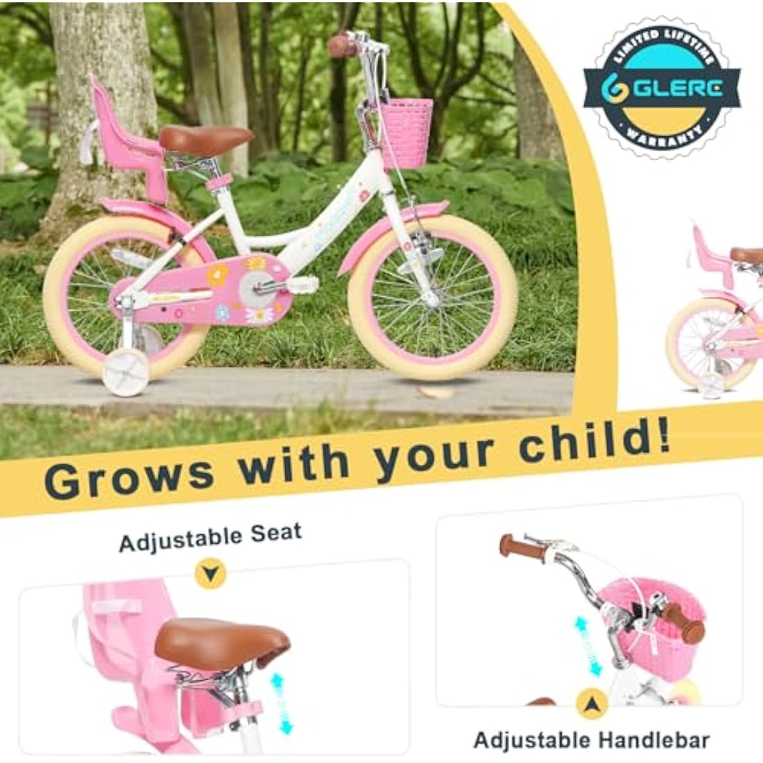 Glerc Maggie 12 Inch Kids Bike for 2-13 Years Old, Girls Bicycle with Doll-Seat & Basket & Stabilisers & Kickstand, Multiple Colors