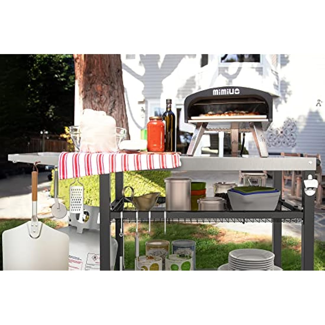 Onlyfire Heavy Duty BBQ Trolley Food Prep Table, Stainless Steel Flattop Worktable with Side table, Two-layer Steel Basket and Utensil Holder