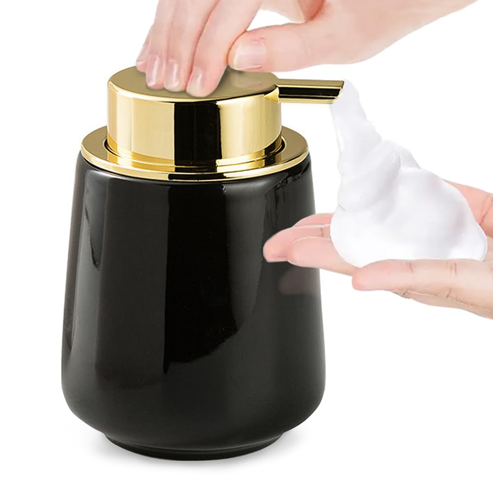 Modern Foam Soap Dispenser for Bathroom, Chic Ceramic Bottle, Gold Soap Dispenser Pump (Black)