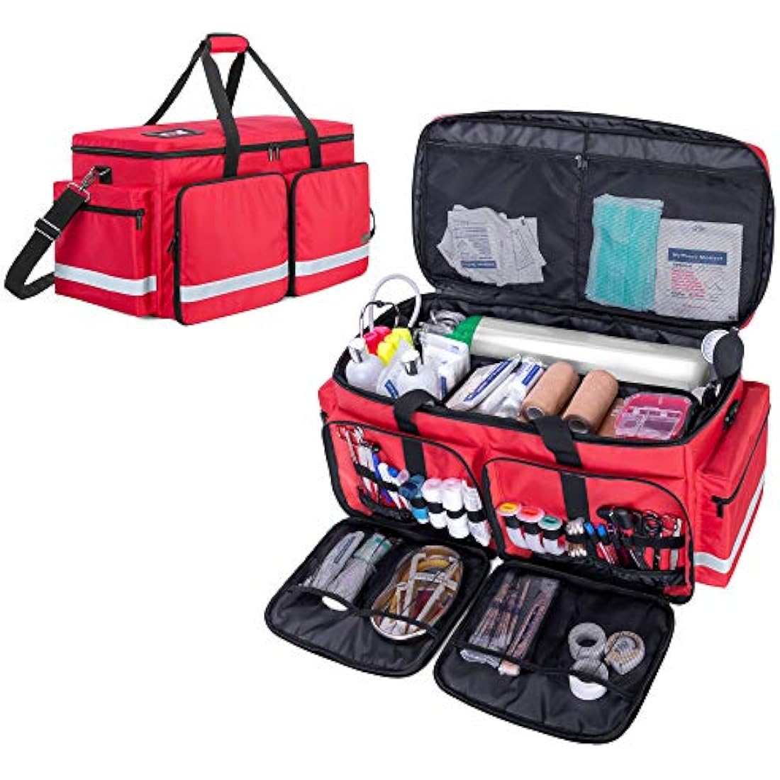 Trunab Large Emergency Medical Bag Empty with Compartment for Oxygen Tank(M2-M22), Large First Responder Bag with Bottom Board Pad for Sport Team, Community Volunteer, Bag Only, Red-Patented Design