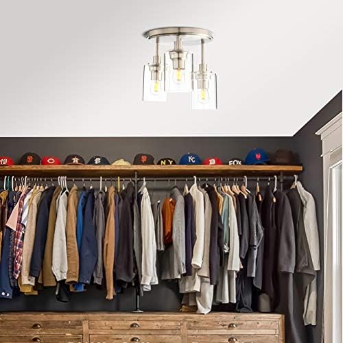 Yosoan Vintage 3 Way Ceiling Lights, Industrial Glass Pendant Light Fitting, Flush Lights for Living Room, Bedroom, Kitchen, Dining Room (Brushed)