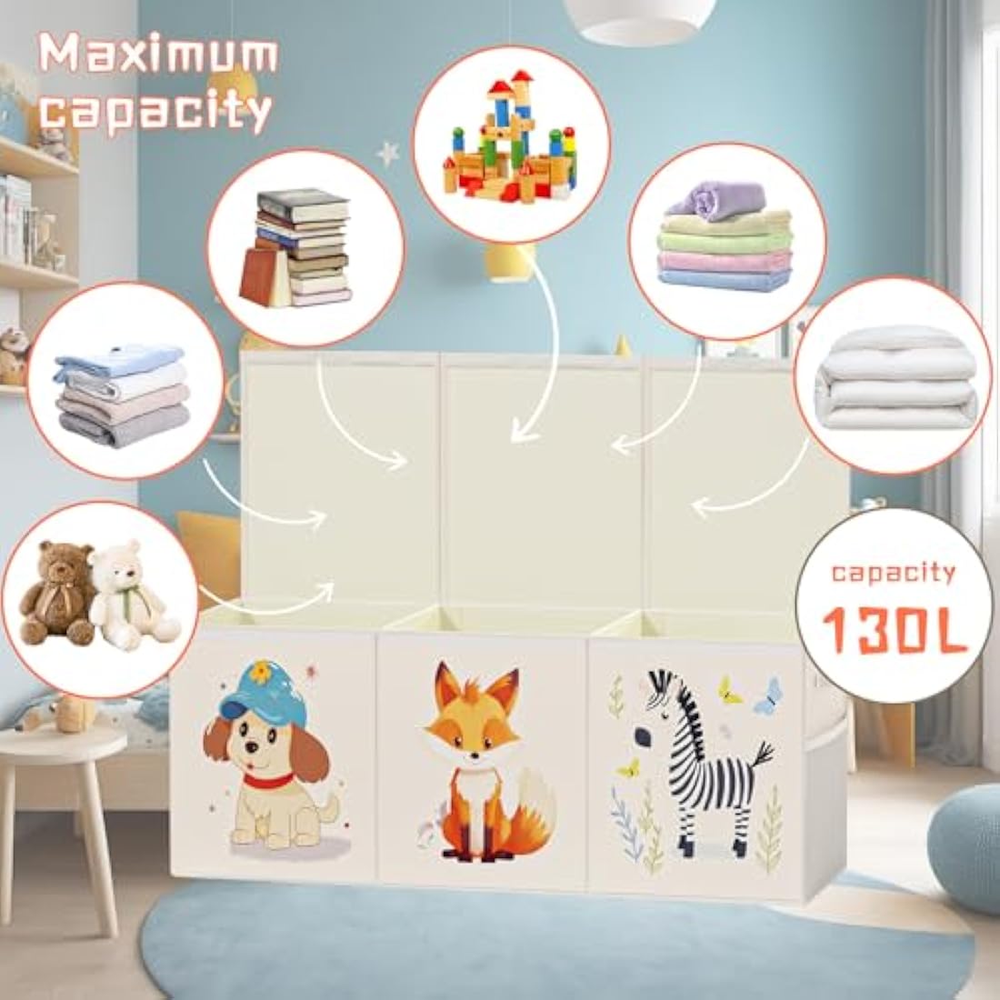 Restorgan Extra Large Toy Box Storage – Collapsible Sturdy Toy Storage Organizer with Lids, Cute Toy Chest Organizer for Boys Girls, Large Kids Toy box Bins for Playroom, Bedroom, Nursery (Beige)