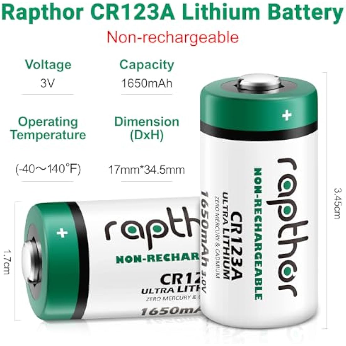 Rapthor CR123A 3V Lithium Battery 1650mAh High Power CR123 123a CR17345 Non-rechargeable Batteries with Built-in PTC for Flashlight Toys Alarm System Microphones (16 Pack)