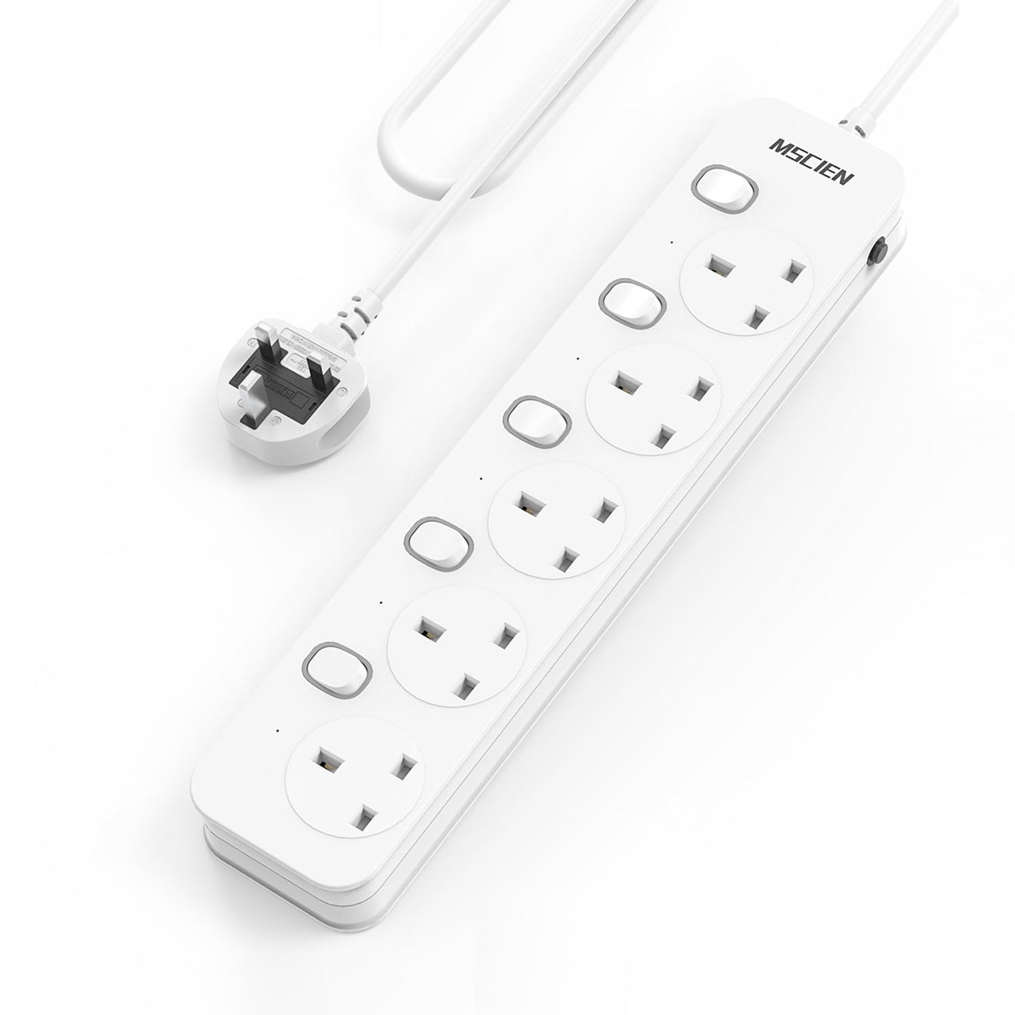 Mscien 3M Extension Lead 5 Way Plug Sockets with Individual Switches, Overload/Surge Protection Wall Mountable Power Strip 3 metre Extension Cable