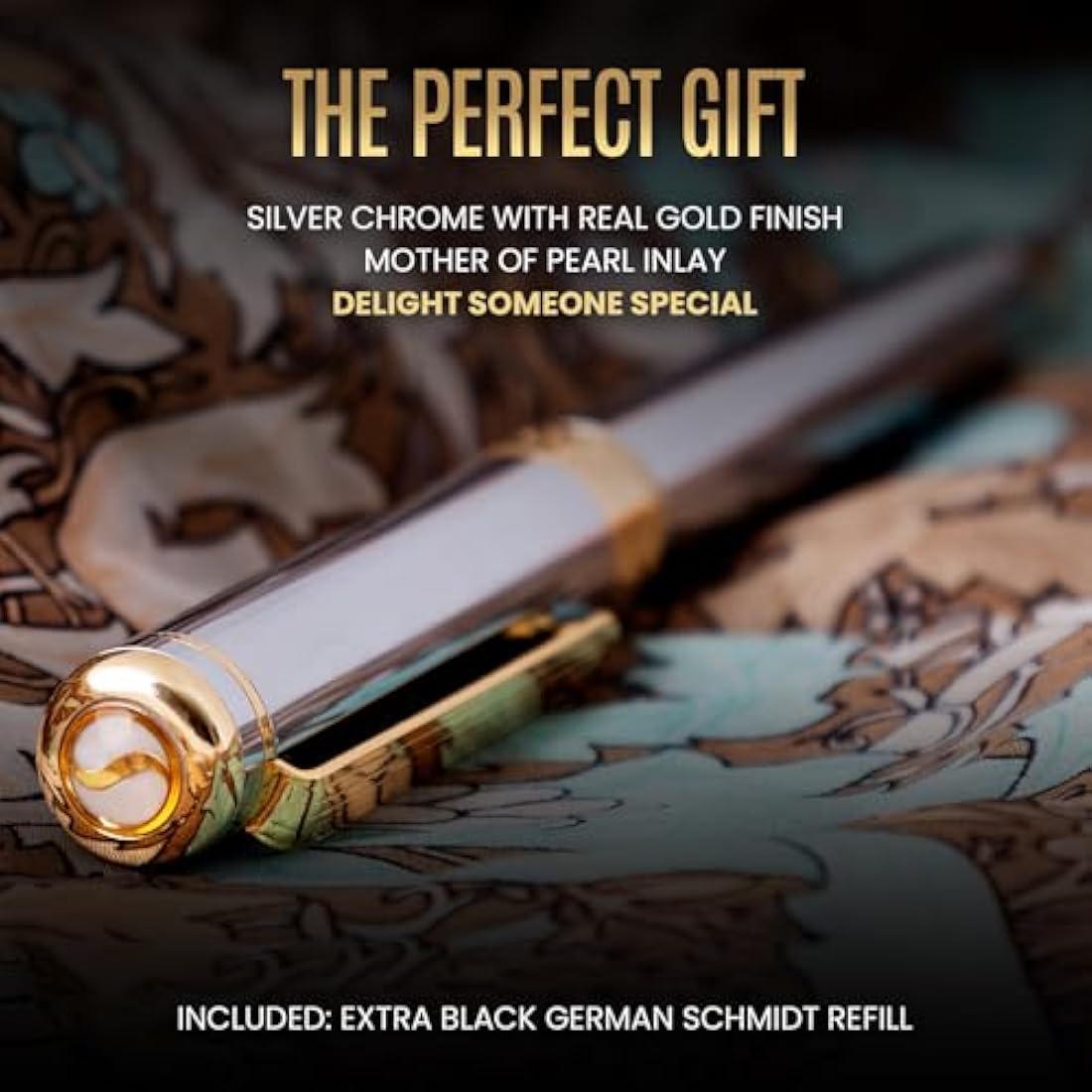 Scriveiner Silver Chrome Rollerball Pen - Stunning Luxury Pen, Real Gold Plating, Schmidt Ink Refill, Best Roller Ball Pen Gift Set for Men & Women, Professional, Executive Office, Nice, Fancy Pens