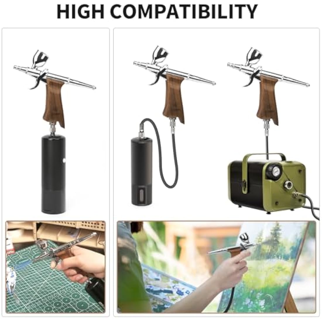 Bucasso Airbrush Kit, Air Brush Spray Gun with 0.3mm/0.5mm/0.8mm Needles/Nozzle Sets, 3cc/7cc/11cc Replaceable Fluid Cup for Painting Model Nails Cake Tattoo Makeup (Walnut01)
