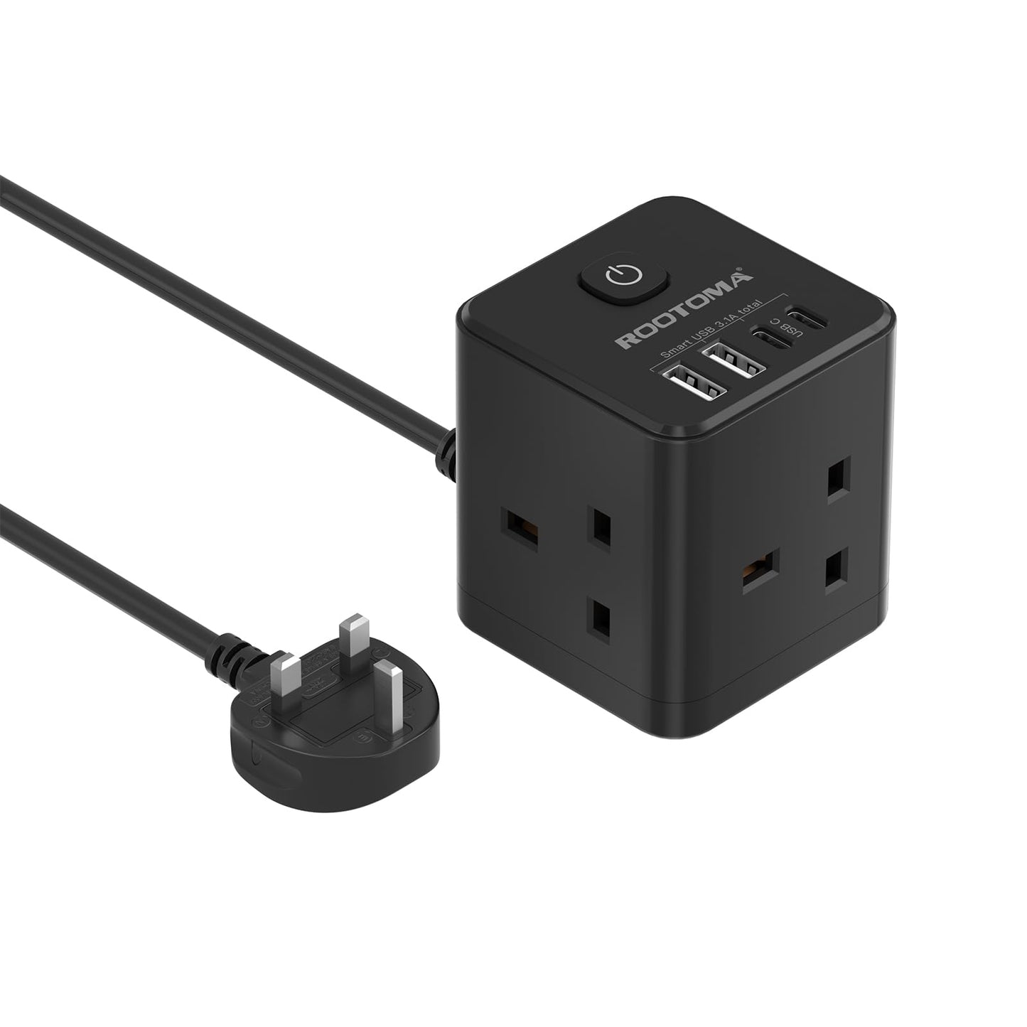 Cube Extension Lead with USB C Slots, 3 Way Power Extension with 4 USB (5V/3.1A 15.5W), Small Black Tower Extension Lead for Home, Office, Dorm Room,