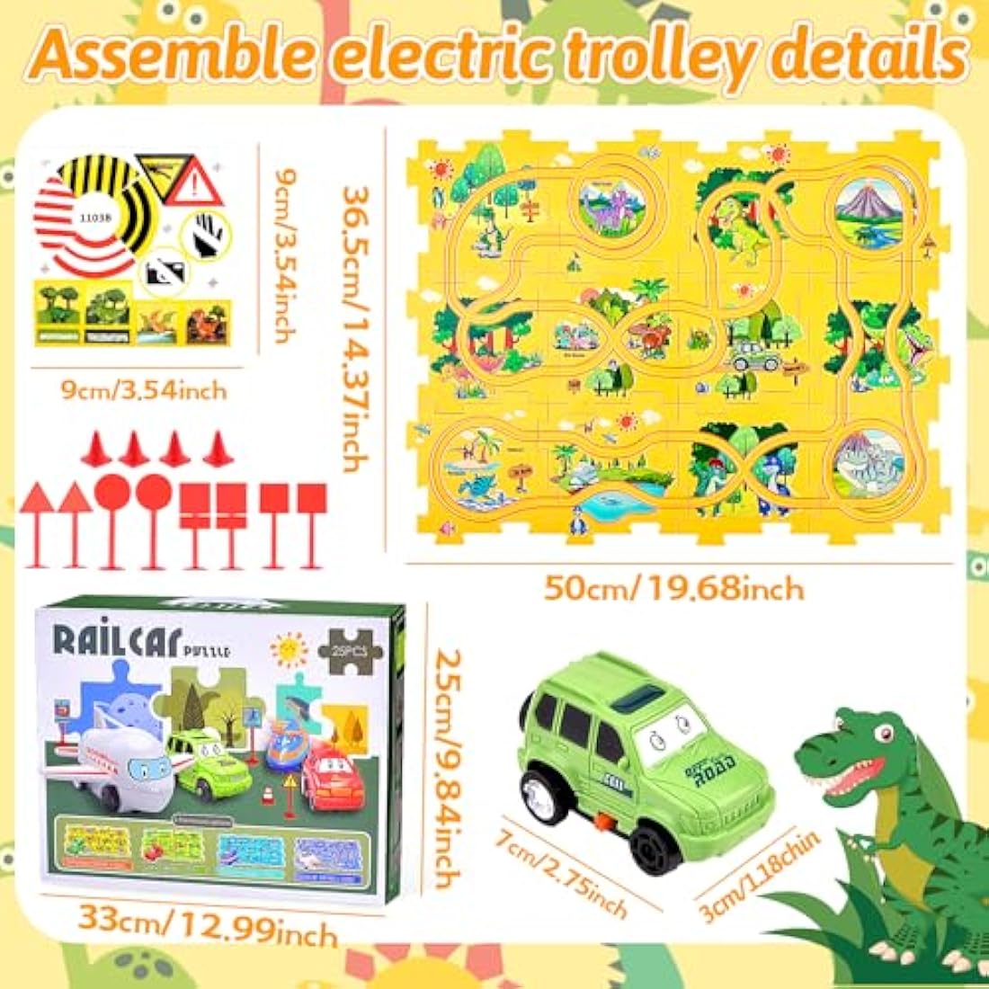 Pipihome DIY Assembling Electric Trolley, Puzzle Car Track Set with Vehicles, Car Track Toy, Race Tracks for Boys Age 3, Rail Car Building Montessori Toys for 3+ Year Old Boys & Girls, Dinosaur