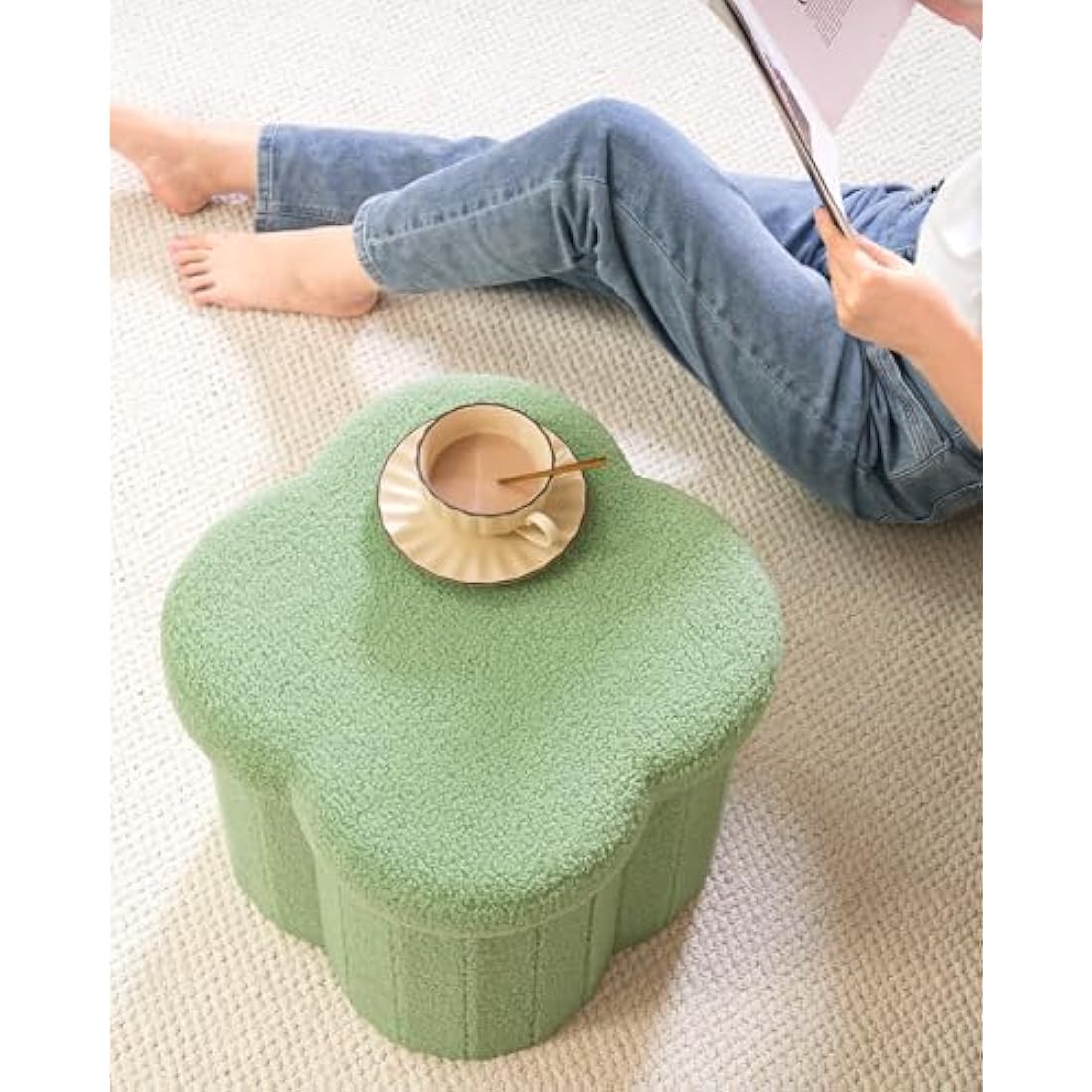 Bonlife Green Ottoman Storage Box,Teddy Storage Seat Box,Folding Small Footstool For Living Room,Kid's Toy Chest Box,Flower Shape,38x38x38cm