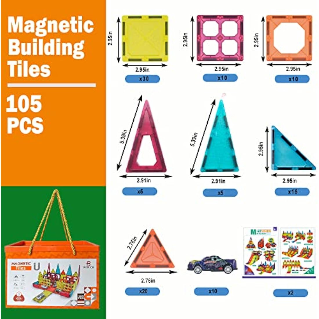 Magnetic Tiles Building Block with 10 Metal Cars for Kids Construction STEM Toy Preschool Creativity Learning Toys Christmas Birthday Gift for Girls Boys Toddlers 3 4 5 6 7 8 Years Old