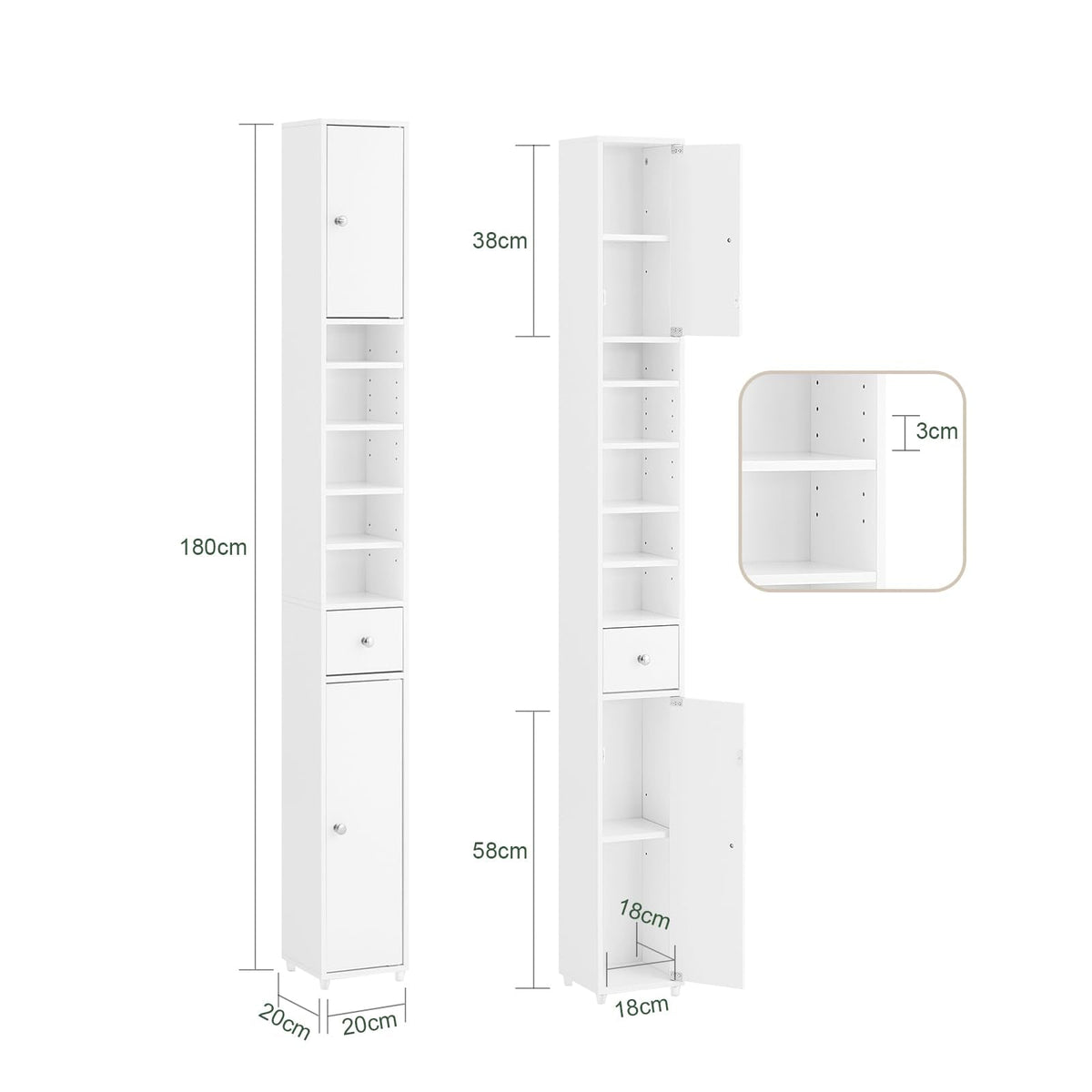 SoBuy 20cm Wide Bathroom Tall Cabinet Cupboard Bathroom Storage Cabinet White W20 x D20 x H180cm BZR34-W