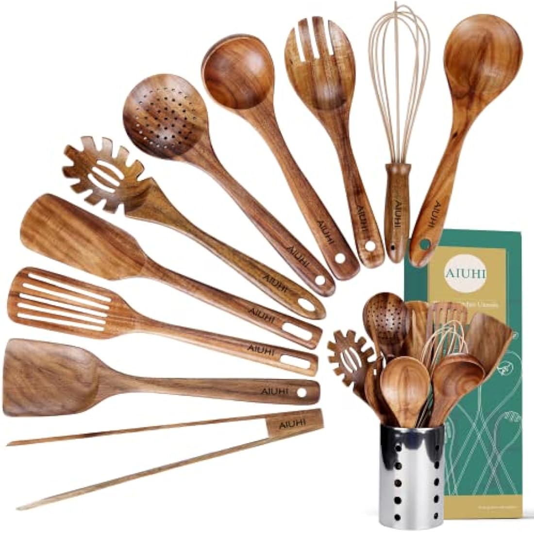 Kitchen Utenails Set with Holder,Kitchen Wooden Utensils for Cooking, Wood Utensil Natural Teak Wood Spoons for Cooking,Wooden Kitchen Utensil Set with Spatula and Ladle (11)