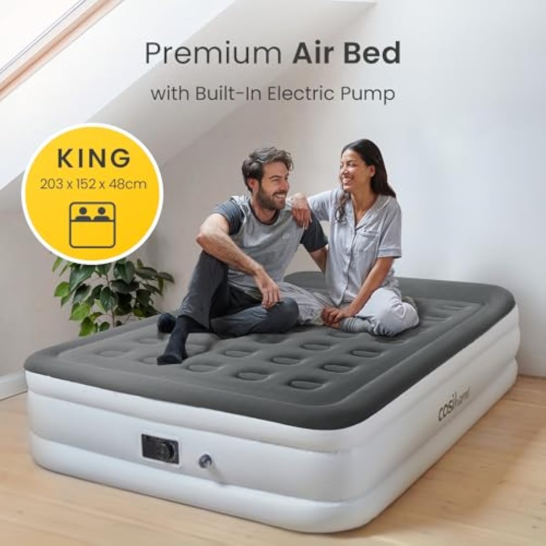 Cosi Home Premium King Size Air Bed with Built in Pump, Blow Up Mattress with Flocked Top, Integrated Pillow & Storage Bag. Best inflatable bed for Guests, Camping & Home Use. ‎203 x 152 x 48cm, White