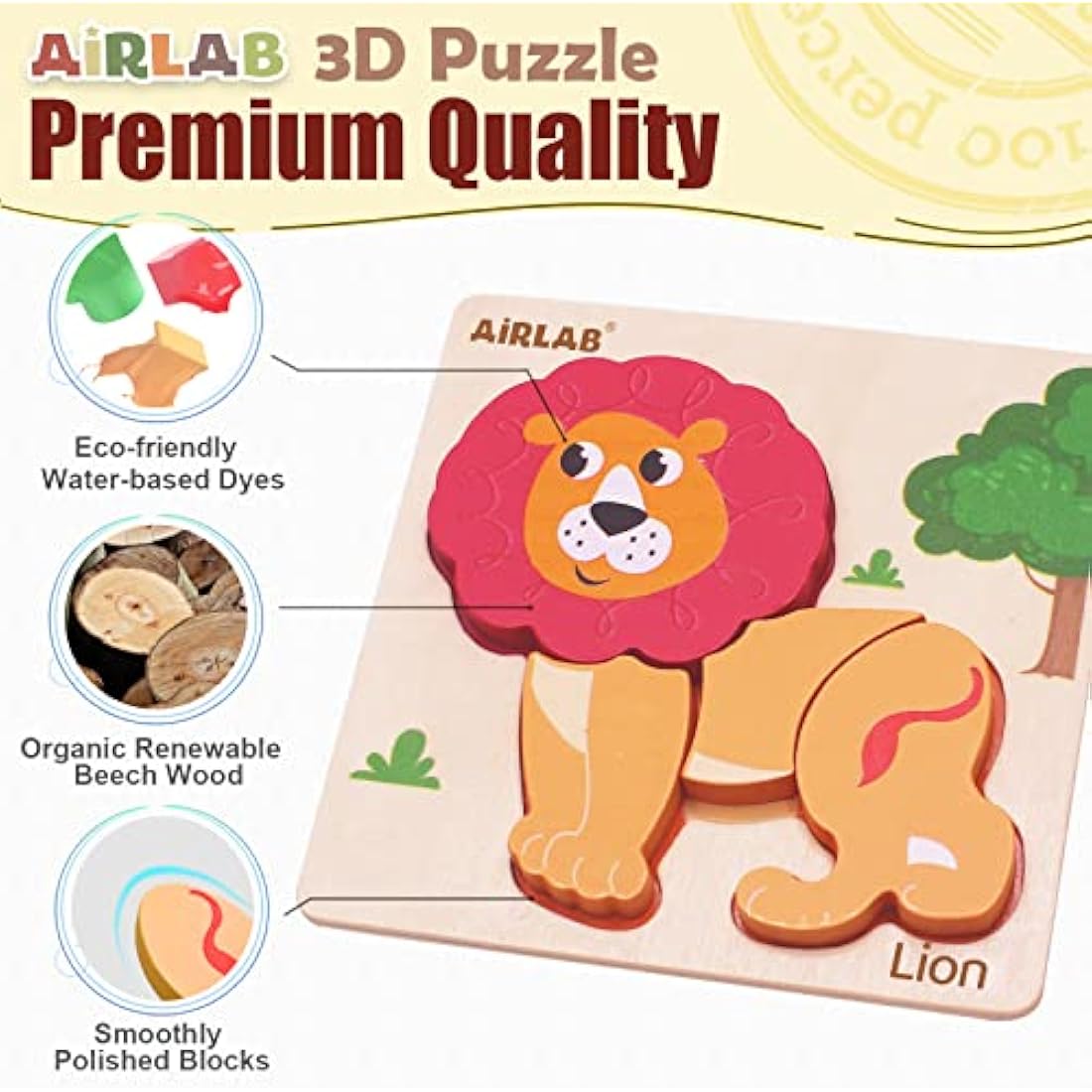 Airlab Wooden Chunky Jigsaw Puzzles for Toddler 1+ Year Olds, Baby Montessori Sensory Toys, 1st Birthday Gifts for Girls Boys, Preschool Educational Learning Toys for Kid Ages 1 2 3