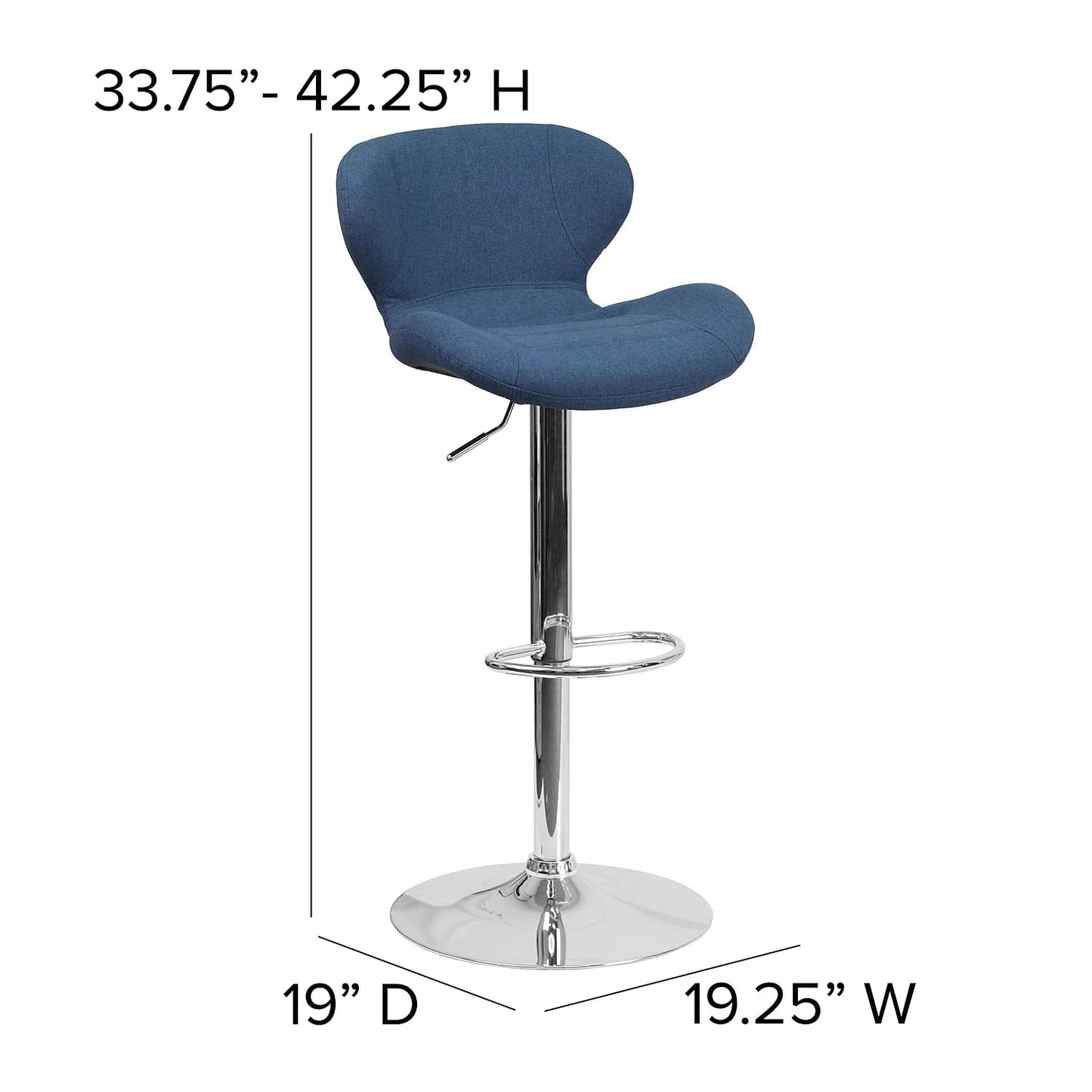 Flash Furniture Denville 2 Pack Contemporary Blue Fabric Adjustable Height Barstool with Curved Back and Chrome Base