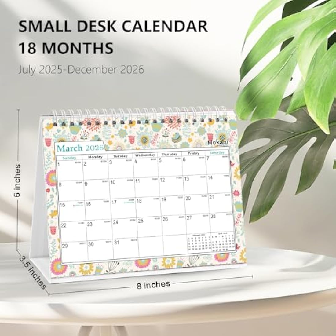 MOKANI Desk Calendar 2025-2026, Small Standing Desktop Calendar (Jul.2025-Dec.2026), Academic Monthly Planner with 234 Stickers and Multi-country Holidays Marked- 20.5 X15cm