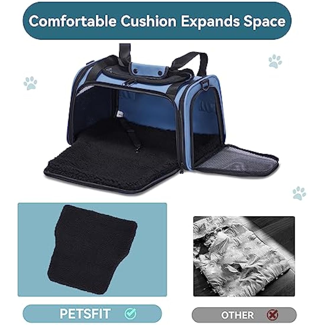 PETSFIT Cat Carrier Large with Extendable Fleece Pet Mat, Soft Cat Carrier Airline Approved with Safety Leash for Pets Up to 12 Lbs (44 * 26.5 * 27CM, Blue)