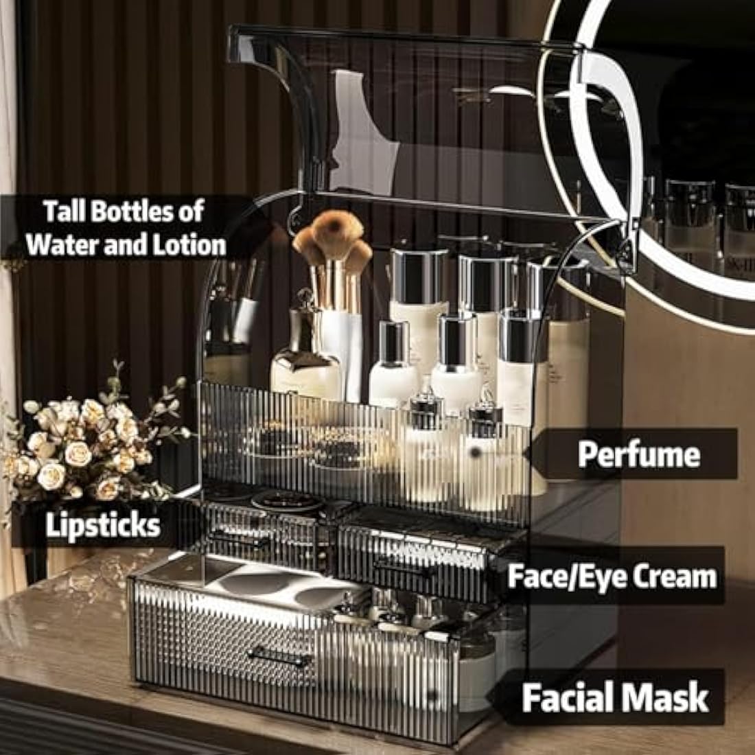 SIOOUI Acrylic Cosmetic Storage Organizer, High Capacity Cosmetics Storage Display Case with Drawers, Perfume Makeup Organizer Box with Water Proof Cover for Bedroom Vanity Desk, Bathroom(Black-XL)