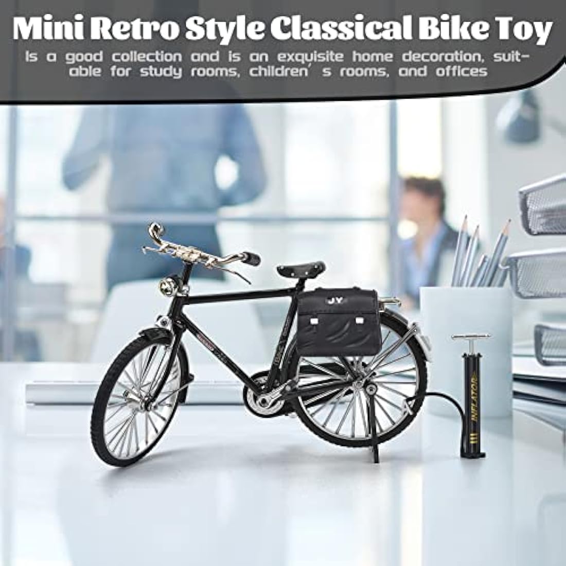 1PCS Retro Bicycle Model Ornament for Kids, 51 Pcs Simulation Mini Bike Model Scale Kit with Inflator & Briefcase, 1:10 Creative Iron Art Tabletop Ornament Toys for Gifts Home Office Decor (BLACK)