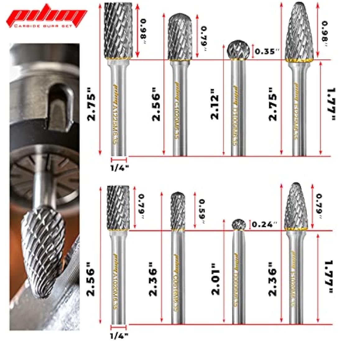 Tungsten Carbide Burr Set 1/4" Shank 8PC Double Cut Rotary Cutting Burrs Die Grinder Bits for Steel and Wood Working, Grinding, Carving, and Engraving