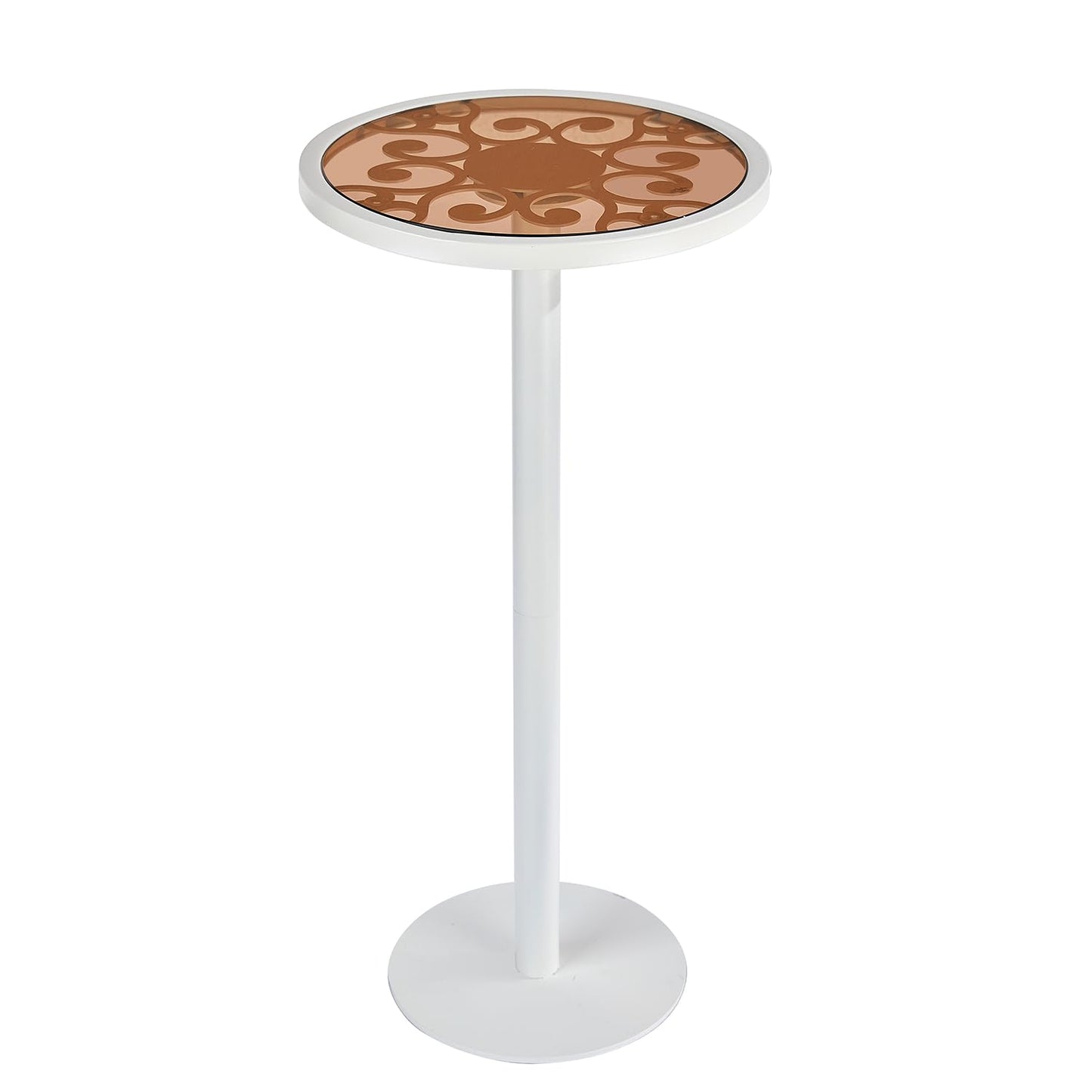 ZEXVIDA White Drink Table with Amber Glass Top, Indoor Outdoor Small Round Side Table, 24.7" Metal Pedestal End Table for Living Room, Patio, Sunroom