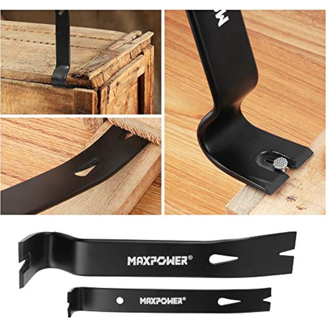 MAXPOWER Pry Bar/Nail Puller Set 4-Piece, 300mm Crowbar Claw Nail Puller, 260mm Wonder Pry Bar Wrecking Bar, 190mm Mini Utility Bar and 250mm Carpenters Pincer