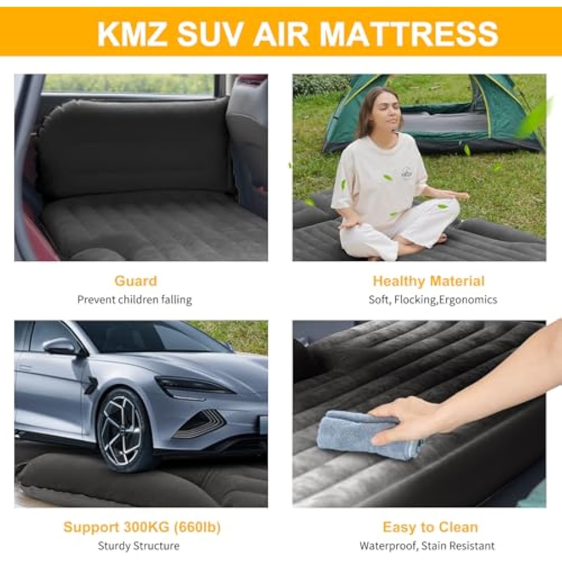 KMZ Air Mattresses Thickened and Double-Sided Flocked SUV Air Mattress Camping Accessories Camping Mattress with 2 Inflatable Pillows Dark Grey