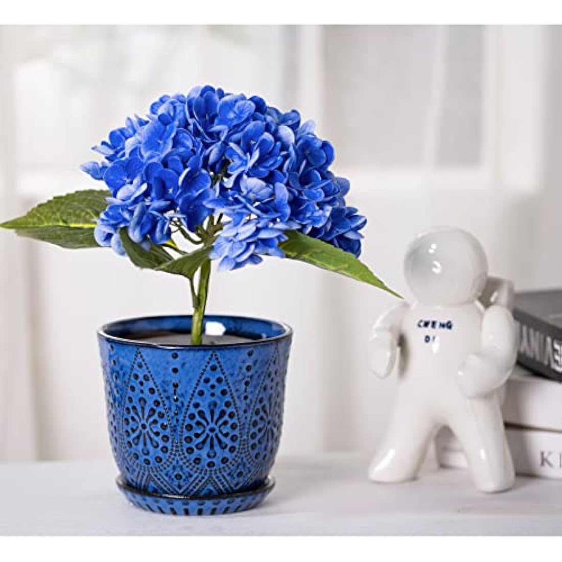 YFFSRJDJ 15CM Flower Pots-Set of 2. Beaded Ceramic Planter with Drainage Hole and Saucer for Plants, Indoor-Outdoor Large Round Succulent Plant Garden Pot-Blue