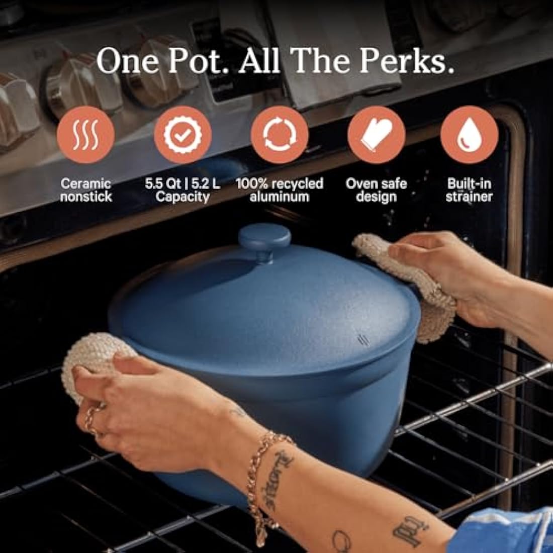 Our Place Perfect Pot - 5.2 L. Nonstick Ceramic Sauce Pan with Lid | Versatile Cookware for Stovetop and Oven | Steam, Bake, Braise, Roast | PTFE and PFOA-Free | Toxin-Free, Easy to Clean | Blue Salt