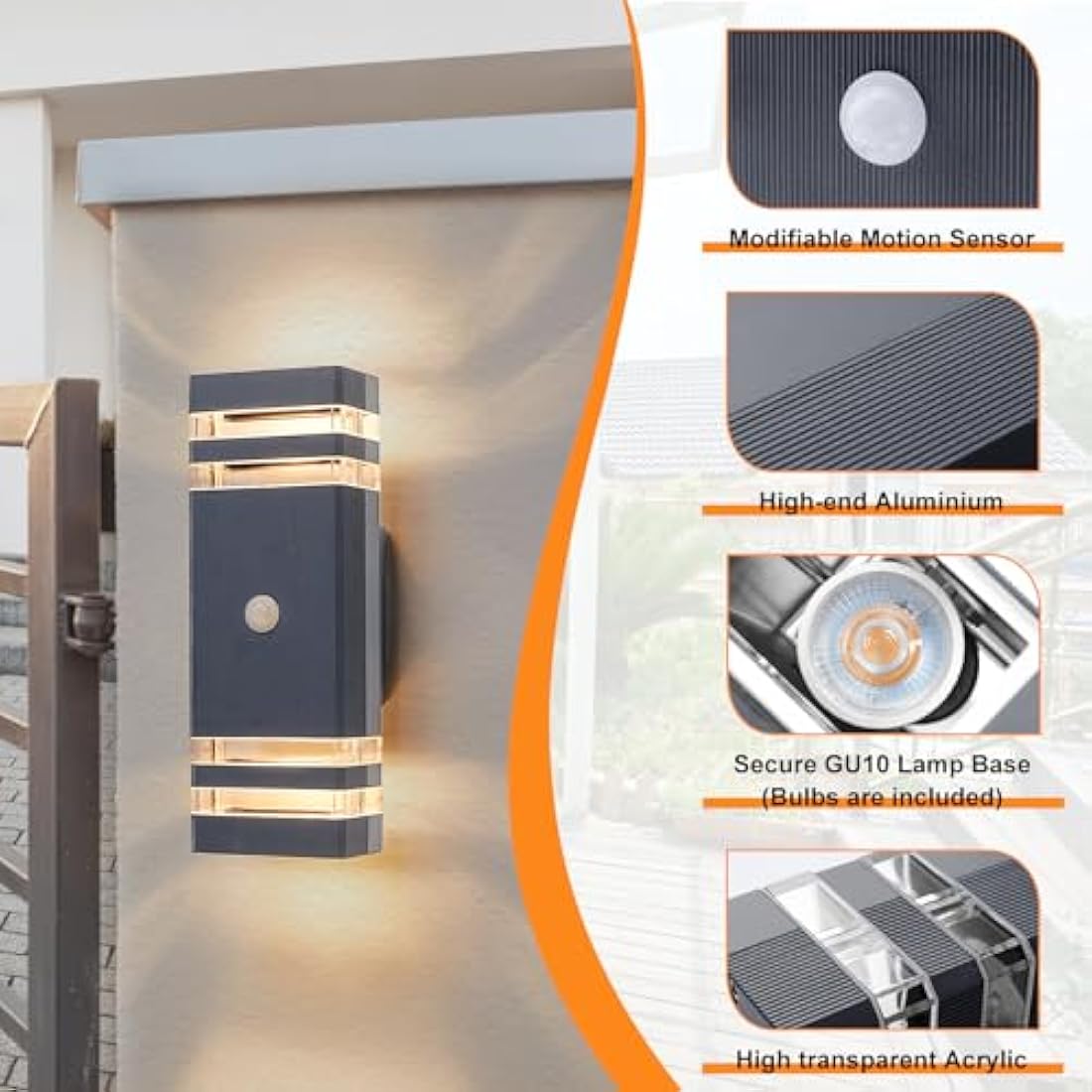 CELAVY Up Down Outside Lights with Motion Sensor, PIR Outdoor Wall Light Mains Powered, IP65 Square Front Door Porch Light Electric, GU10 Modern LED External Exterior Sconce for House, Dark Grey