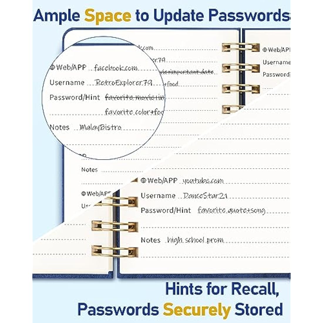 WEMATE Spiral Password Book with Alphabetical Tabs, Small Password Keeper Book for Seniors, Internet Password Notebook Hardcover Password Journal logbook – 12 x 15cm (Navy Blue)