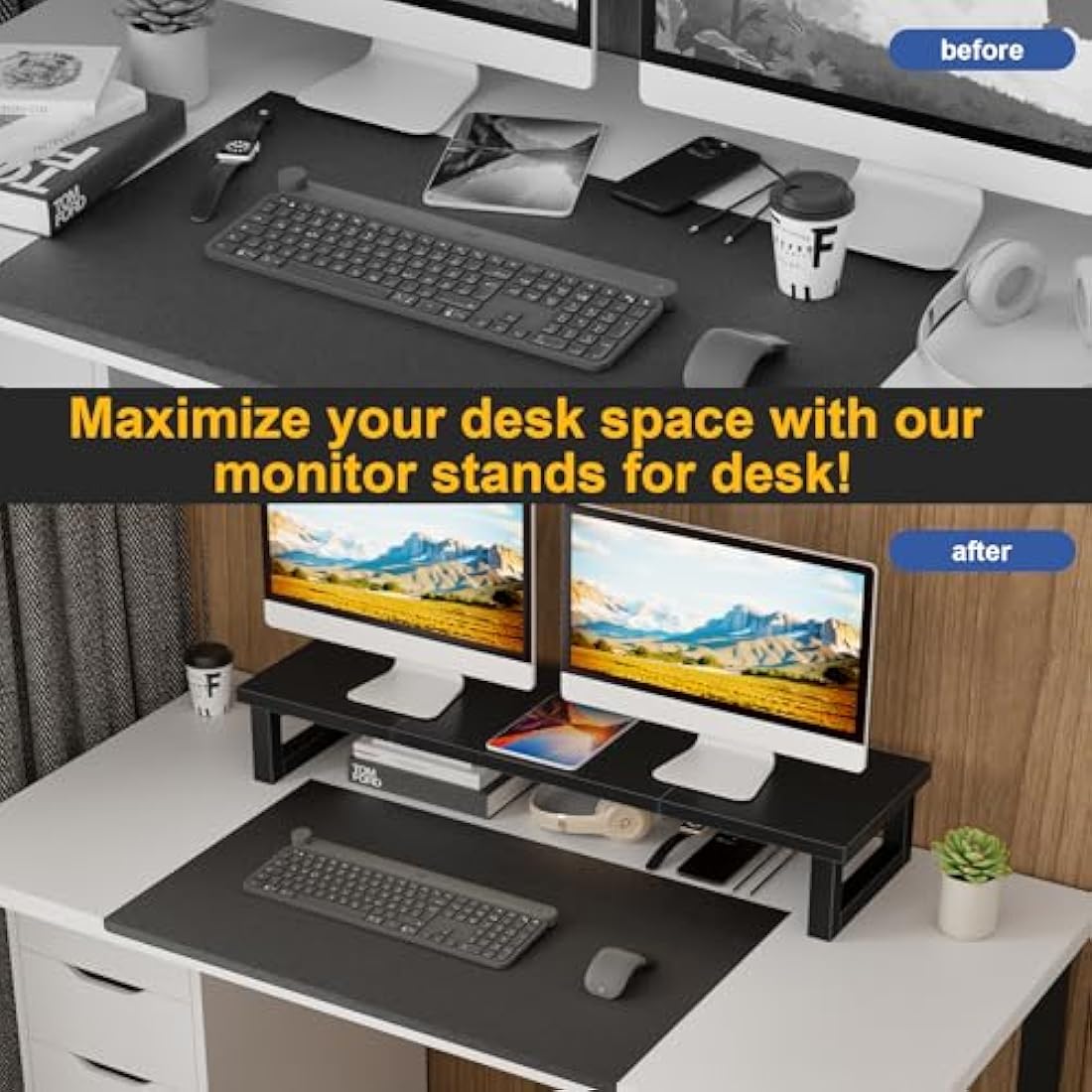 OYRREU Dual Monitor Stand, 91x26cm Desks Shelf, Double Monitor Riser for Laptop PC Computer Screen Monitor Stand Desktop Organiser for Working, Black