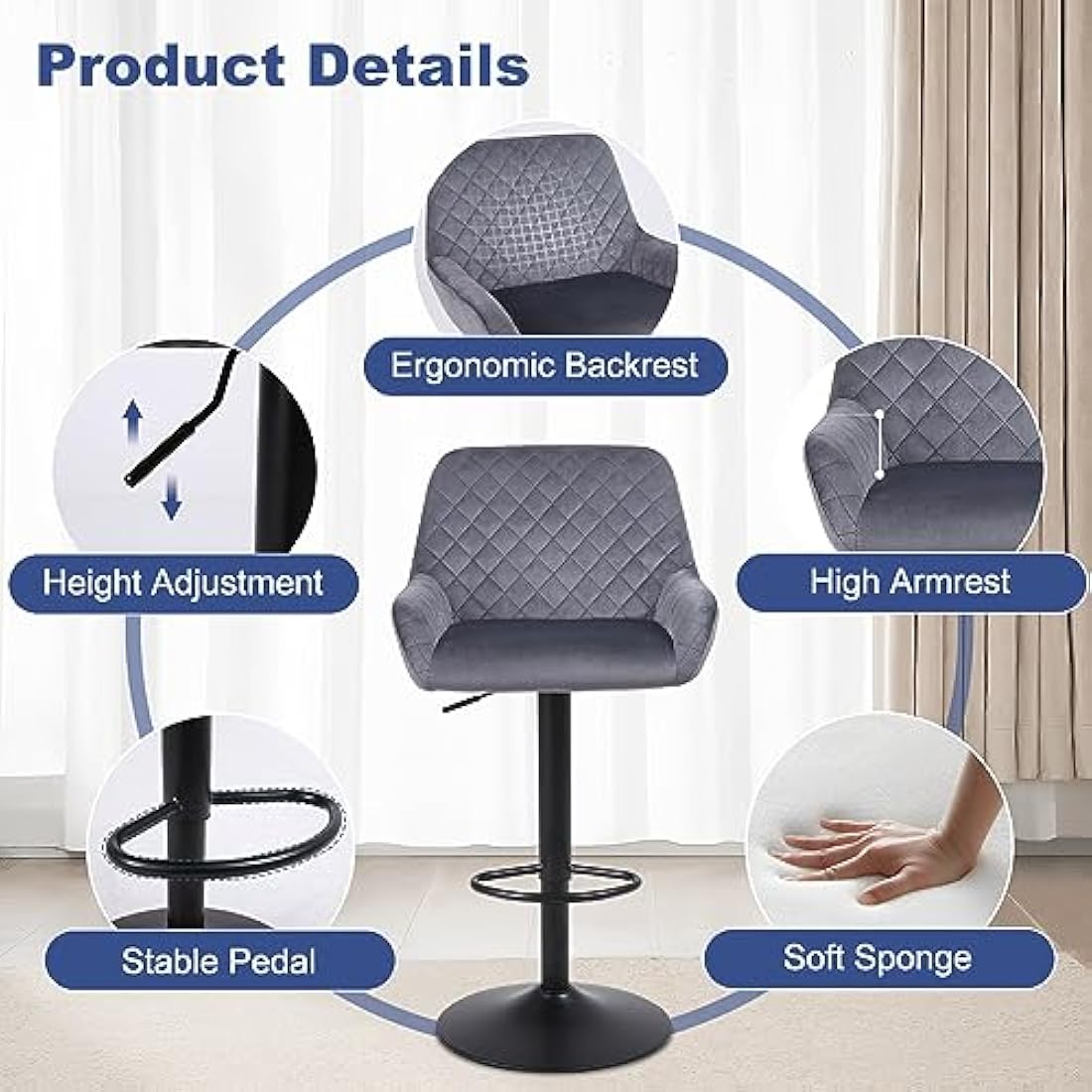 ralex-chair Bar Stools Set of 2, Height Adjustable Velvet Fabric Swivel Barstool Bar Chairs, Breakfast Dining Stools With Backrest and Armrest for Bar, Counter and Kitchen, Grey