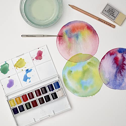 Winsor & Newton, Cotman Watercolour, ‘Complete Pocket Set’, 16 x Half Pans + 1 x Travel Brush PLUS 1 x Kneaded Eraser + 1 x Pencil