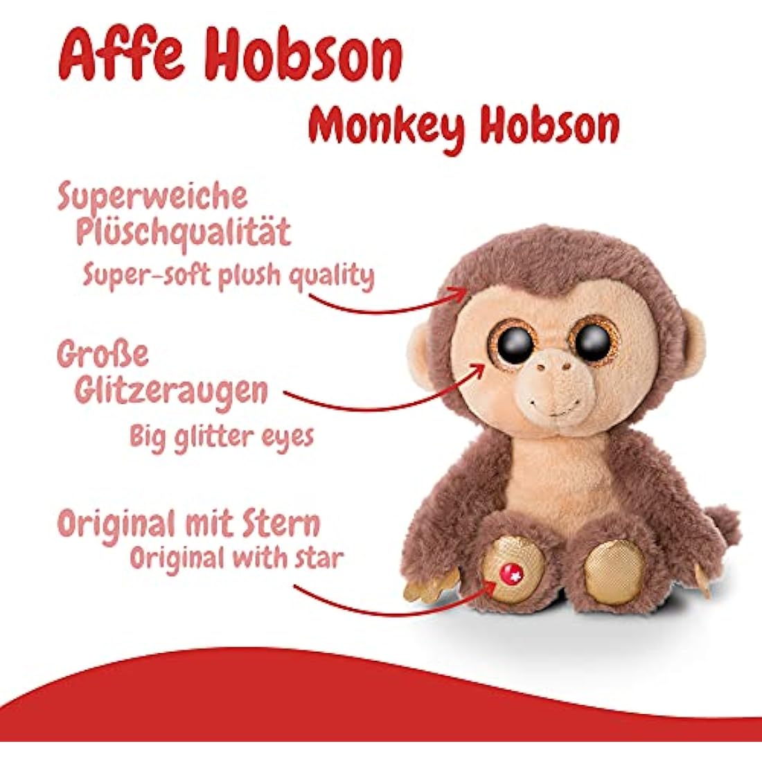 NICI 46945 safari Original – Glubschis Monkey Hobson 15 cm – Cute Cuddly Toys – Fluffy Stuffed Big Glittery Eyes – Plush Zoo Animals to Cuddle & Play, Brown/Beige