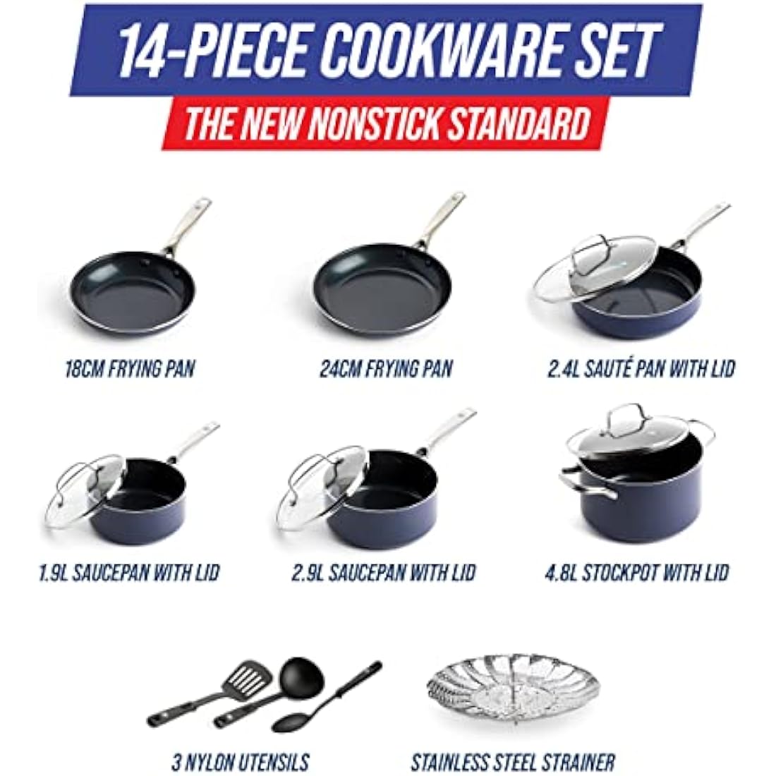 Blue Diamond Cookware Diamond Infused Ceramic Nonstick 14 Piece Cookware Pots and Pans Set, Includes Frying Pans, Sauté, Saucepans, Strainer, Stockpot, Utensils, PFAS-Free, Oven Safe, Blue