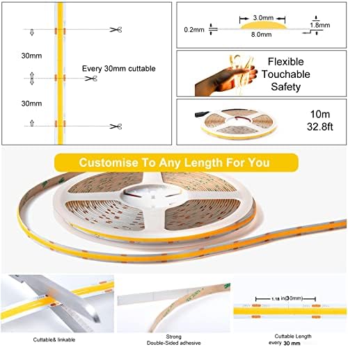SIRYYUI COB LED Strip 10M,Warm White 3000K LED Strip Light DC24V,384LEDs/M,CRI 90+ Super Bright Uniform Dotless LED Tape Lights for Cabinet Room Home DIY Lighting Project (No Power Supply)