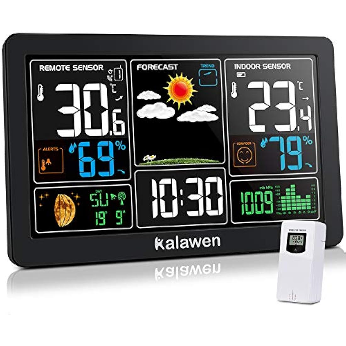Kalawen Weather Station with Outdoor Indoor Sensor, MSF Wireless Digital Alarm Clock, Barometer, Temperature, Humidity Monitor, Weather Forecast for Home Garden