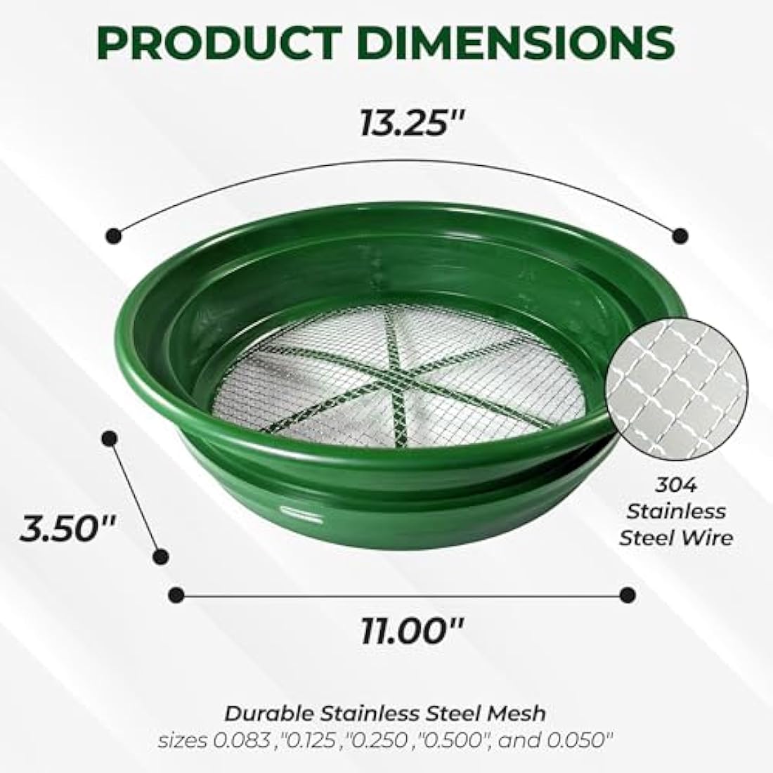 SE 13 1/4 Inch Stackable Classifier Gold Prospecting Pan Set - Includes 1/2" 1/4" 1/8" 1/12" and 1/20" Stainless Steel Mesh Sifting Pans, Green, 5 Pack