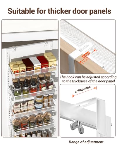 TOPWE Over Door Storage, 6-Tier Adjustable Pantry Door Organizer Shelves with Hook for Each Layer, Back Door Metal Hanging Spice Rack for Kitchen
