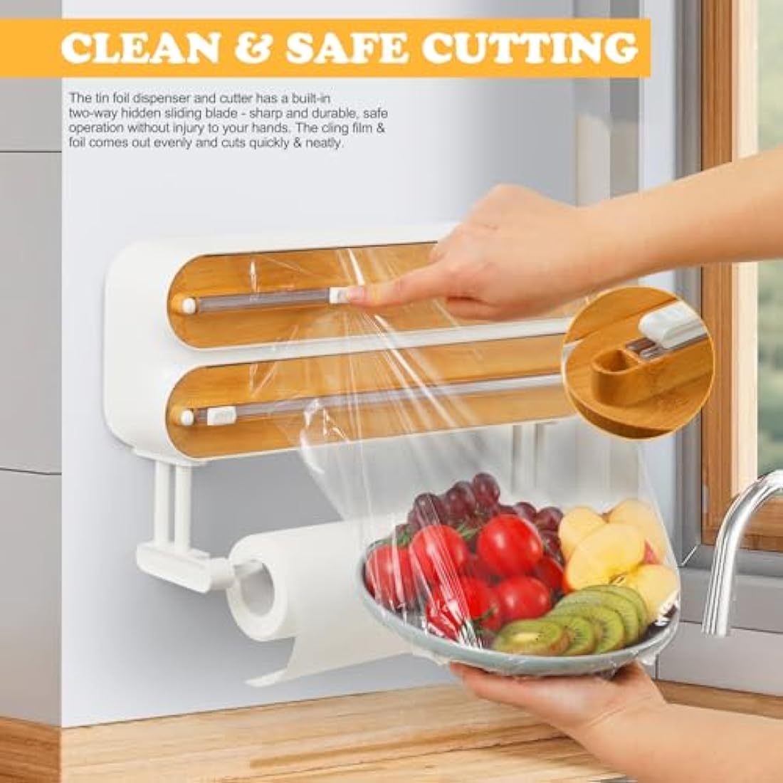 Magnetic Cling Film Dispenser and Cutter - Advanced 3-in-1 Wall-Mounted Kitchen Roll Holder, Quasziwa Refillable Cling Wrap & Aluminium Foil Dispenser with Paper Towel Holder - Fits 12" Roll, White