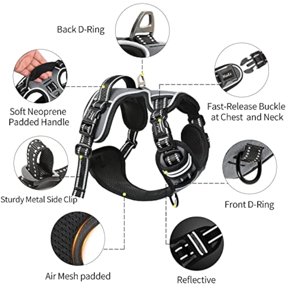 HEELE No Pull Dog Harness, Ex-Large, Release on Neck, Reflective, Adjustable with Front Back 2 Leash Attachments and Soft Padded Control Handle for Walking Training, Grey, XL
