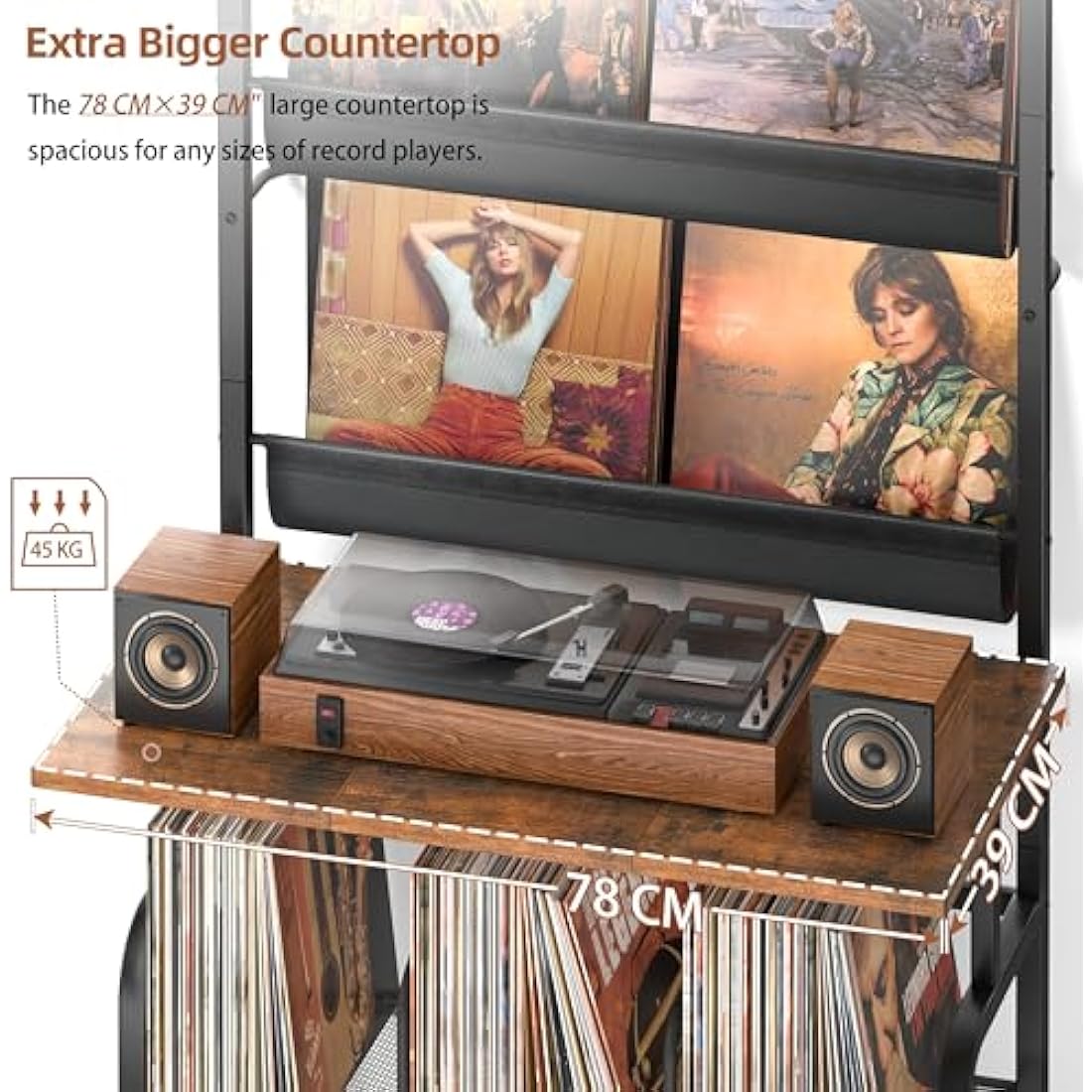 Bikoney Vinyl Record Storage Cabinet - Turntable Stand with Record Holder, Vinyl Wall Mount for up to 300 Albums, Display Shelf Bigger Storage