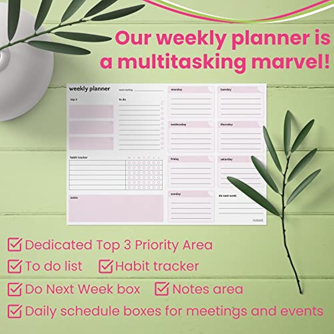 Weekly Planner Pad with daily planning sections - A4 52 sheets 100gsm paper - Undated Calendar Pad with Habit Tracker, To Do, Priority Lists and Notes - For work home and study revision
