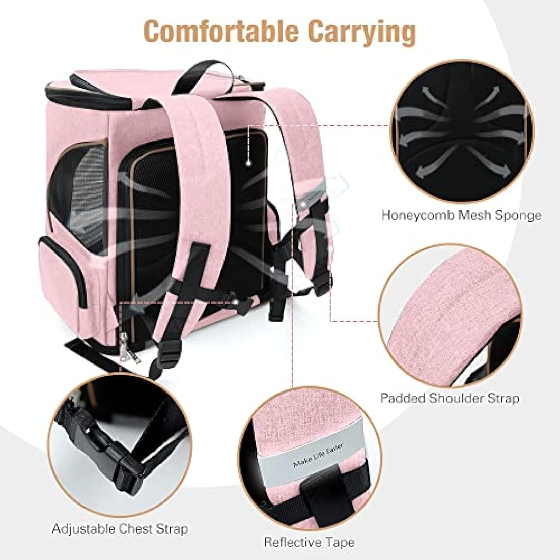 Lekesky Expandable Cat Carrier Backpack - Portable Breathable Rucksack for Medium and Small Cats & Dogs, Foldable with Inner Escape-proof Leash and Pet Mat, Supports 25 lbs (Pink)
