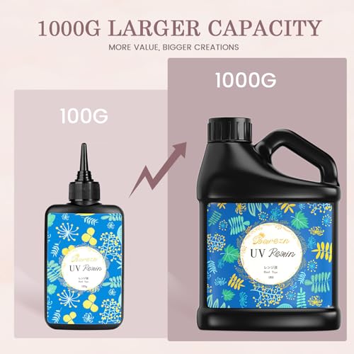 Bsrezn 1000g Bulk UV Resin Hard, Crystal Clear Large UV Cure Epoxy Resin Kit Premixed Resina UV Transparent Solar Activated Glue for Jewelry Making Fast Curing 1KG with 6 Colors Mica Powder