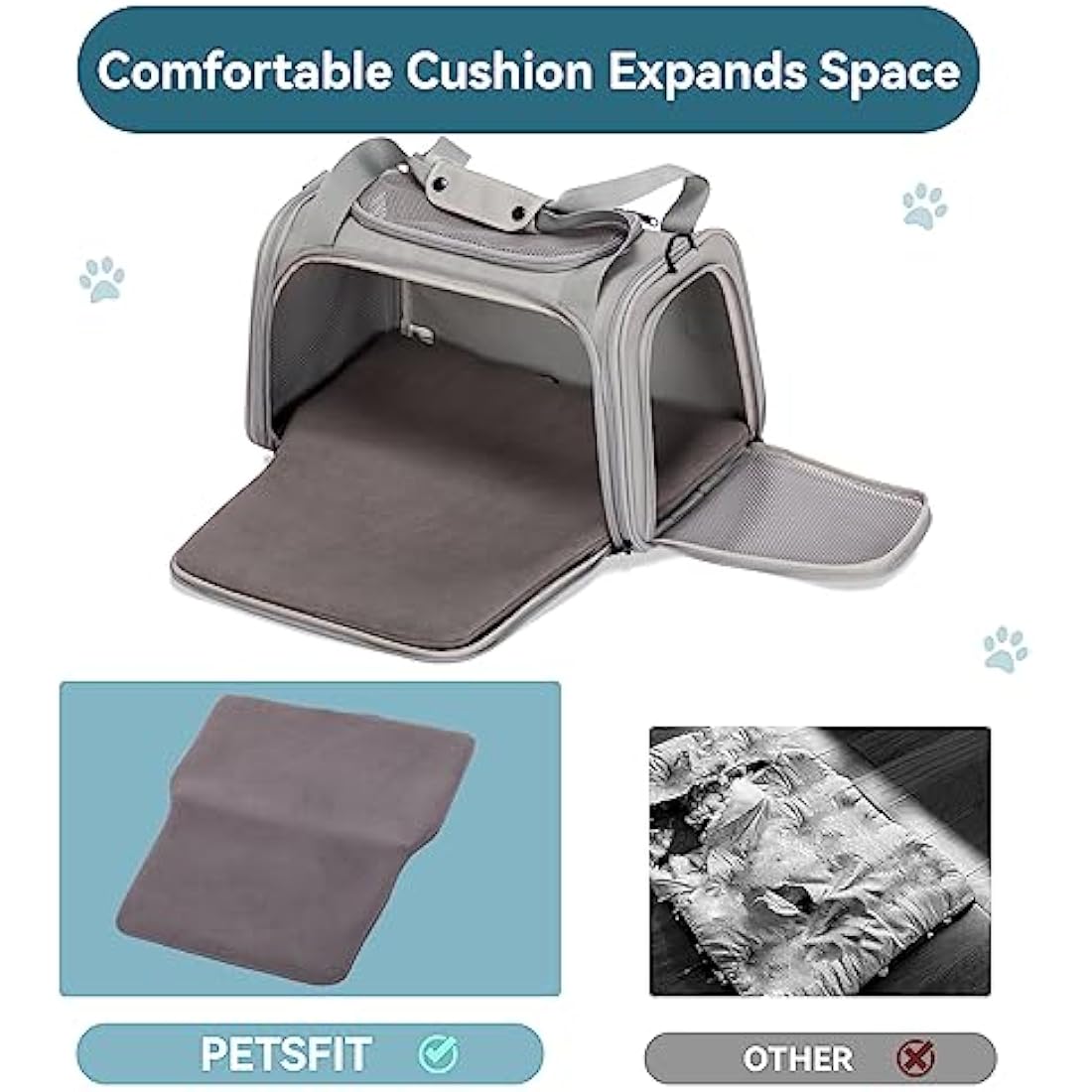 PETSFIT Pet Carrier for Cat with Extendable Fleece Pet Mat, Pet Carrier Airline Approved with Safety Leash for Pets Up to 12 Lbs (44 * 26.5 * 27CM, Grey)